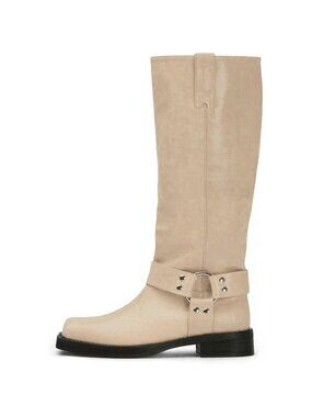 Women's Tan Knee High Boots Slip On Riding Boots With Buckle Sexy Squared Toe
